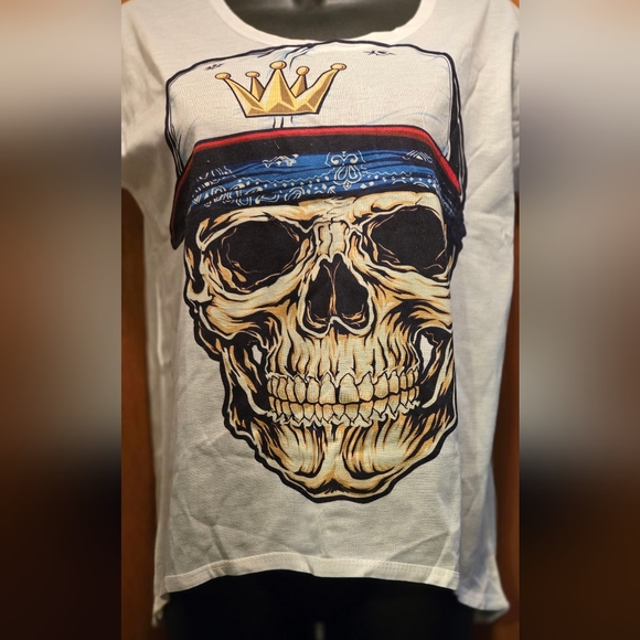 Mittelmeer skull graphic white t-shirt capped sleeves high/low hemline szF - Picture 3 of 6